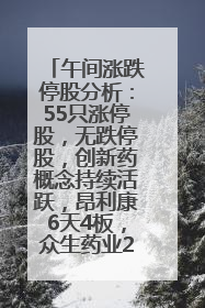 午间涨跌停股分析：55只涨停股，无跌停股，创新药概念持续活跃，昂利康6天4板，众生药业2连板
